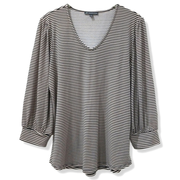 ADRIANNA PAPELL Black Cream V-Neck Striped Top, Bishop Sleeves, Stretchy, Size M - Picture 1 of 11